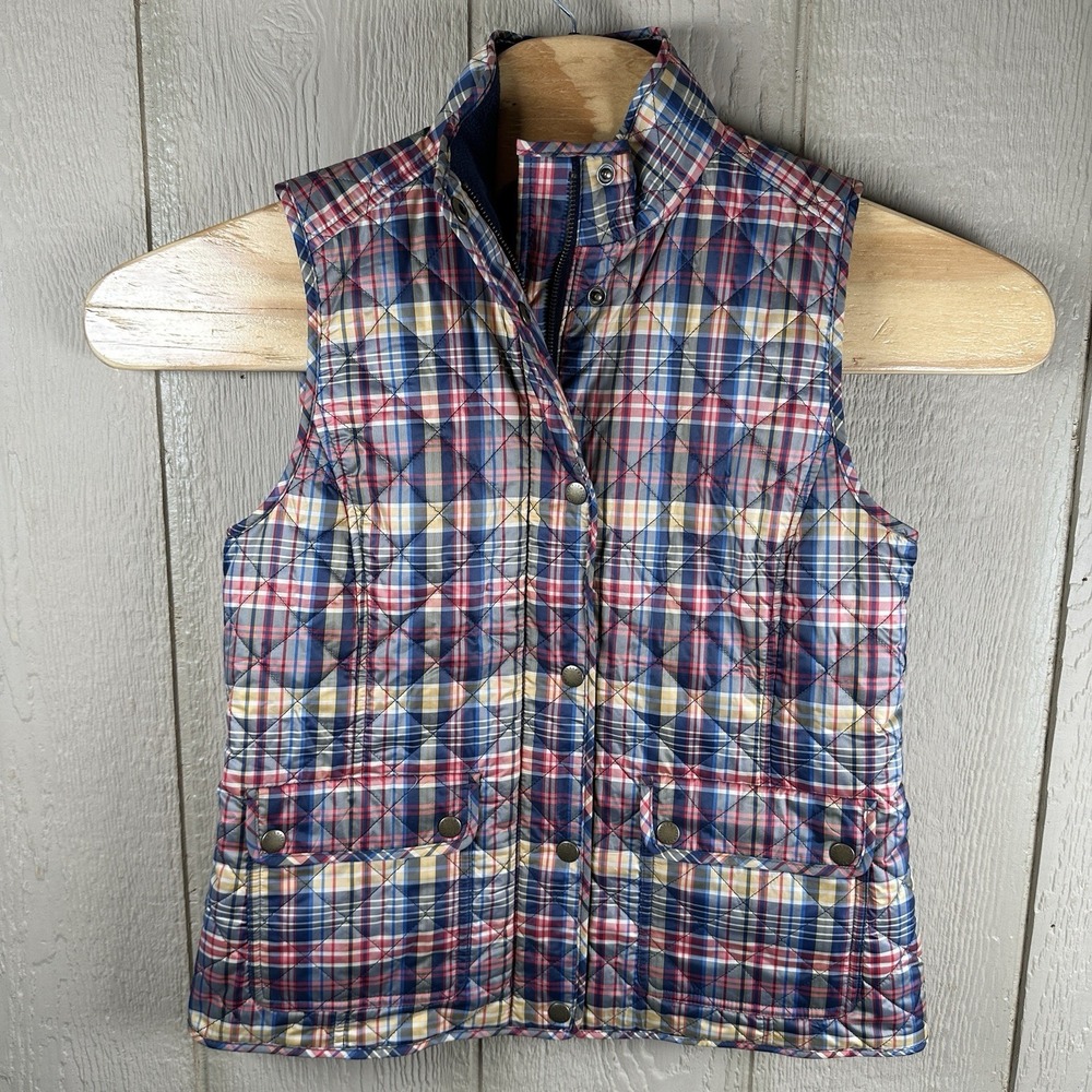 Talbots Quilted Tartan Plaid Puffer Vest Womens Small Petite SP Blue Red Yellow
